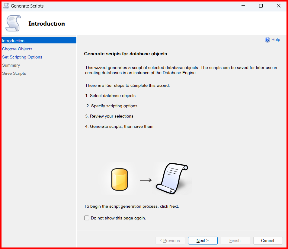 Picture showing the first screen of Generate and Publish Scripts wizard